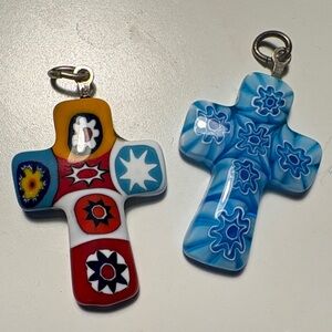 Two Murano Glass Millefiori Floral Coloured Cross Pendants
